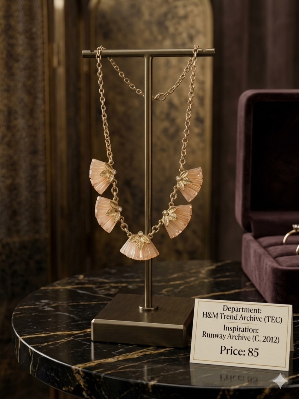 ARCHIVE H&M Trend TEC Peach Lucite Art Deco Fan Statement Necklace